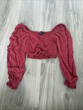 Forever 21 Rose Smocked Off-Shoulder Long Sleeve Crop Top